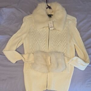 White House Black Market Cream Cable-Knit Sweater with Fur Trim